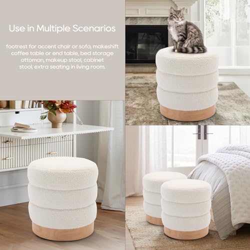 COLAMY Sherpa Ottoman Footstool, Tufted Modern Foot Rest Stool with Wood Base for Living Room, Bedroom, Desk, Round Versatile Side End Table, Pouf, Makeup Seat,2pcs,Cream COLAMY