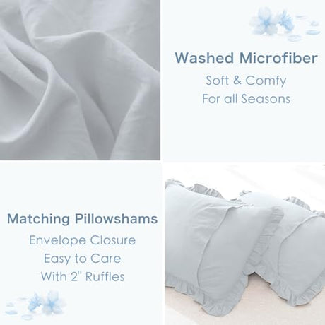 Masaca Ruffled Comforter Set for Queen Bed,3 Pieces Vintage Farmhouse Shabby Bedding Set Lightweight Ultra Soft French Country Bedding (1 Cornflower Blue Comforter +2 Pillowcases) Masaca