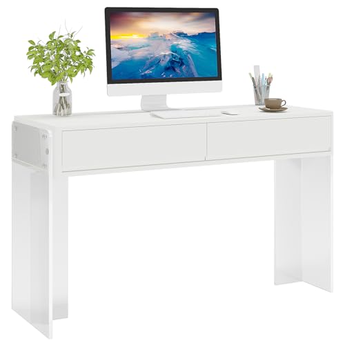 Tribesigns Computer Desk with 2 Drawers, Home Office Desk with Acrylic Legs, Modern White Desk with Storage, Makeup Vanity Desk for Bedroom Tribesigns