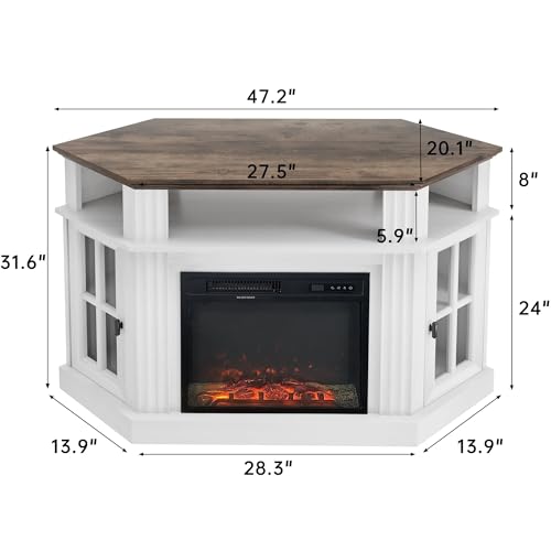 Flamaker Fireplace Corner TV Stand for TVs up to 55 Inch, Entertainment Center with 18" Fireplace, TV Console Table with Glass Door Storage Cabinet and Open Shelf (White) Flamaker