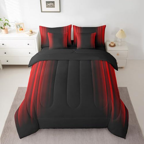 Feelyou Abstract Ombre Comforter Set with Sheets Kids Teens Red and Black 7 Piece Bedding Set Room Decor Full Size Feelyou