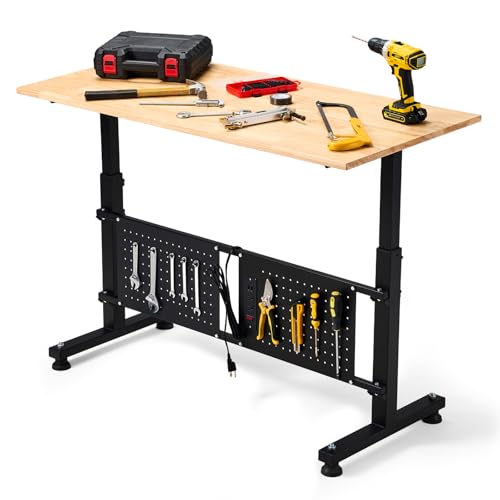 GVGBUK 48 Inch Adjustable Height Workbench, 1500 LBS Capacity Garage Work Table with Power Outlets, USB Ports & Pegboard, Solid Wood Top Work Bench for Workshop, Office, Garage GVGBUK