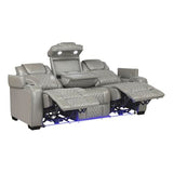 Lexicon Power Double Reclining Sofa, Center Drop-Down Table with Heat/Massage/Headrest/Storage Arms/Cup Holders/LED Lights/Wireless Charging, Top Grain Leather Match Wall Hugger Recliner Sofa, Grey Lexicon