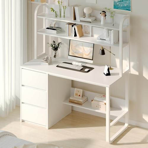 MaverickFurni 60 Inch Computer Desk with Shelves & Hutch, Home Office Desk with 3 Storage Drawers for Bedroom Work, Study Writing Table for Small Spaces, Adjustable feet, White MaverickFurni