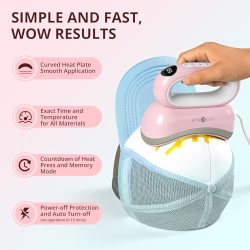 HTVRONT Hat Press Machine - Hat Press Heat Machine for Caps/Hats/Pillows Intuitive Display Screen- Flexible Temperature & Countdown Setting- Fast & Even Heat Portable Pink Heat Press HTVRONT