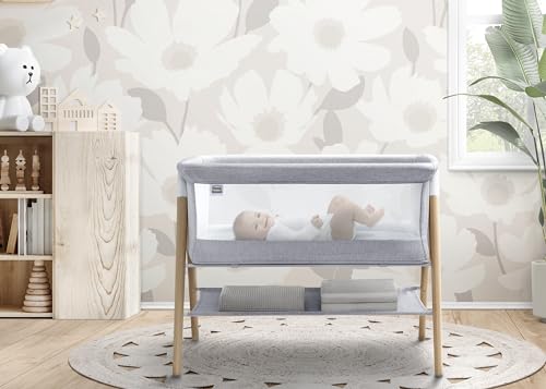 Simmons Kids Koi by The Bed Bassinet with Breathable Mesh and Natural Beechwood Legs, Dove Grey - WoodArtSupply