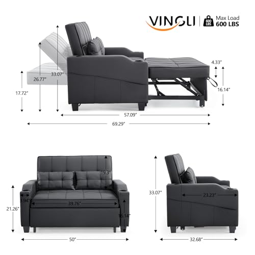 VINGLI Convertible Loveseat Sleeper, Black Faux Leather Futon Sofa Bed Pullout Couch Bed with USB Ports, Cup Holders, Armrest for Living Room, Bedroom, Home Office Apartment VINGLI