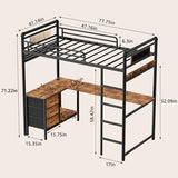 KSOBEBVT Twin Loft Bed with Desk, Gaming Bunk Bed with Stairs, Metal Loft Bed Heavy Duty Loft Beds for Adults, 3 Fabric Drawers, LED Lights & Charging Sation, No Noise & No Box Spring Needed, Black KSOBEBVT