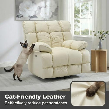 Govoya Oversized Pet-Friendly Leather Recliner Chair, Swivel Rocking Recliner Chair, Electric Adjustable Reclining, USB & Typle-C Charging Port, XXL Single Sofa for Living Room, Nursery, Cream White Govoya
