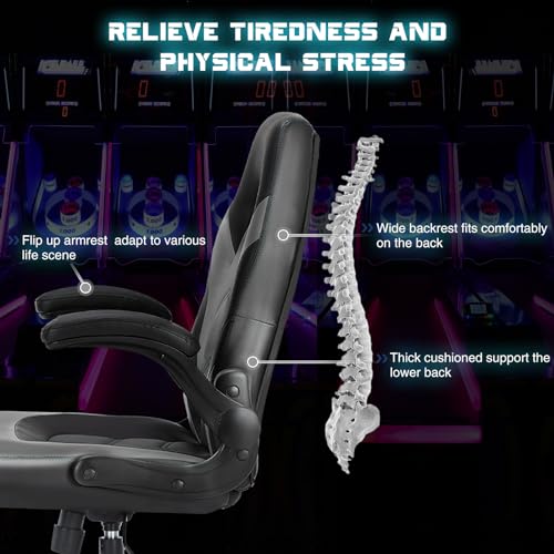 DUMOS Computer Game Desk Chair - Ergonomic PU Leather Lumbar Support, Height Adjustable High Back Video Game with Flip-up Armrest, Rolling Swivel for Adults, Deep Grey DUMOS