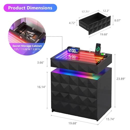 Dystler Night Stand with Charging Station and RGB Lights, LED Nightstand with Tempered Glass and Sliding Top, 3 Drawers Bedside Table with Hidden Storage, Lockable End Side Table for Bedroom, Black Dystler