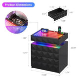 Dystler Night Stand with Charging Station and RGB Lights, LED Nightstand with Tempered Glass and Sliding Top, 3 Drawers Bedside Table with Hidden Storage, Lockable End Side Table for Bedroom, Black Dystler