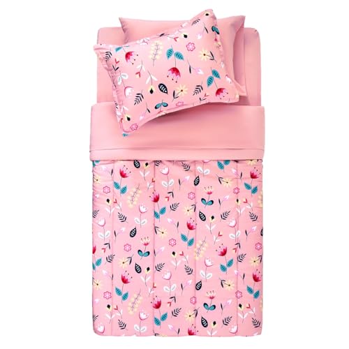 SLEEP ZONE Kids Twin Bedding Comforter Set - Super Cute & Soft Kids Bedding 5 Pieces Set with Comforter, Sheet, Pillowcase & Sham (Pink Flower) SLEEP ZONE