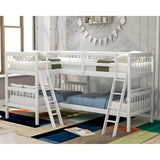 jurmiture L Shaped Quad Bunk Bed, Twin Over Twin Wood Bunk Frame for 4 with Ladder and Guardrails, White jurmiture