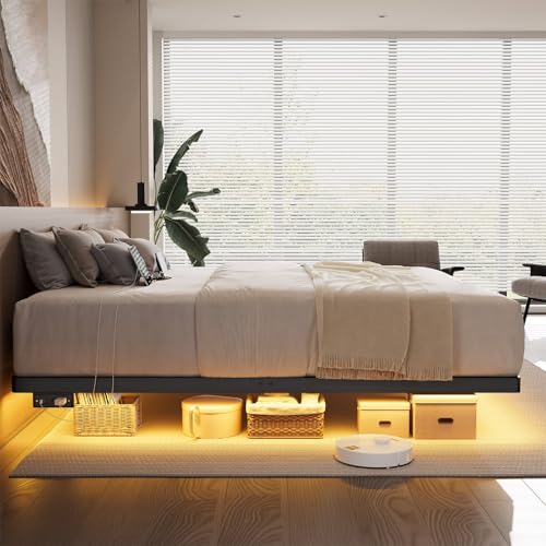 ONBRILL King Size Floating Bed Frame with USB Charging Station and Smart LED Lights, Heavy Duty Metal Platform Bed with Underbed Storage Space, Easy to Assemble, Noise-Free, No Box Spring Needed ONBRILL