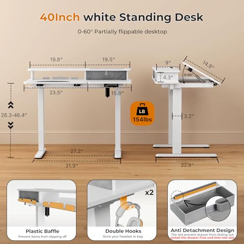 White Standing Desk，60° Tiltable Height Adjustable Electric Rising Desk，40Inch Foldable Mobile Laptop Table with Shelf,Monitor Stand, Drawer ,Flippable Drafting Workstation on Wheels for Kids’ Drawing Gibbon Mounts