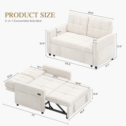 DWVO 3 in 1 Convertible Sleeper Sofa Bed, 55" Pull Out Sofa Bed with Adjustable Backrest and USB, Velvet Futon Couch with Side Pockets for Living Room, Beige DWVO