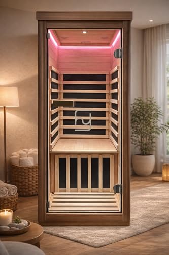 Haoyao Indoor Infrared Hemlock & Okoume 1100W 1-Person MINI Sauna with LED Lights, Bluetooth Speakers – A Gift for Parents or Friends Haoyao