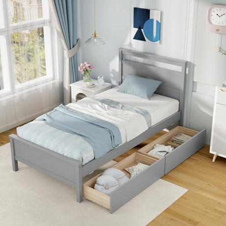 Giantex Wood Twin Bed with 2 Storage Drawers, Solid Wood Platform Bed with Headboard, Single Bed Wooden Slats Support, No Spring Needed, Twin Bed Frame for Kids, Teens, Adults (Grey) Giantex