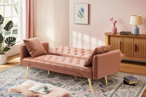Trygoal Futon Sofa Bed, Convertible Futon Couch with Adjustable Backrest, 68.31” Folding Sofa Bed with 2 Pillows & Metal Legs, Sleeper Loveseat with Armrest for Home Office, Brown Trygoal