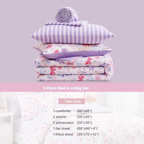 Wink Deer Twin Comforter Set with Sheets for Girls-5 Pieces Twin Bedding Sets with Pink Comforter, Sheets, Pillowcase & Sham for Kids (Cute Botanical Flowers, 66" X 86") Wink Deer