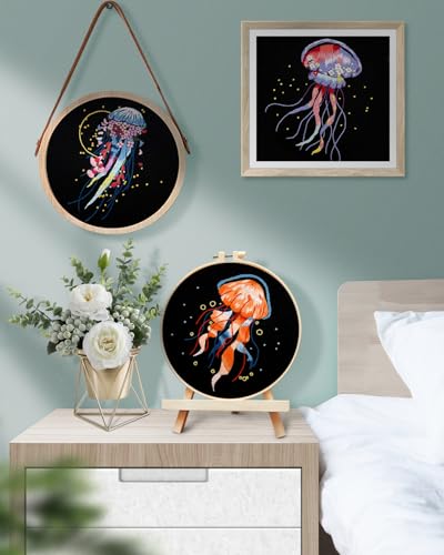 TINDTOP Embroidery Kit for Adults, 5 Sets Jellyfish Embroidery Kit for Beginners Include Embroidery Cloth Hoops Threads for Craft Lover Hand Stitch with Embroidery Skill Techniques TINDTOP