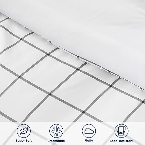SLEEP ZONE Dorm Comforter Twin XL, 5 Pieces Geometric Plaid Pattern Printed Soft Microfiber Bedding, Breathable & Soft Bed in A Bag (Grey Grid White, Twin XL) SLEEP ZONE