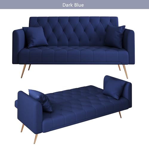 Anwick 72" Modern Velvet Sofa Bed Futon,Convertible Folding Sleeper Bed Couches with 3 Adjustable Backrests,Tufted Recliner Loveseat with Golden Chrome Legs for Small Living Room Office (Blue) Anwick