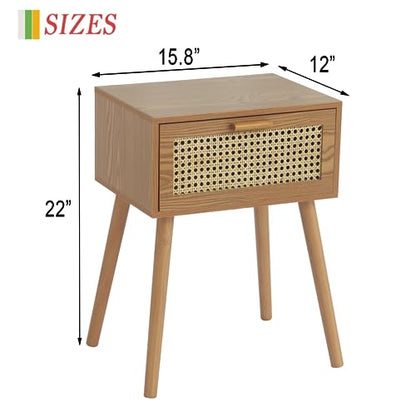 AWASEN Mid Century Nightstand, Rattan Side Table with Drawer, Modern Bedside Table with Storage and Solid Wood Legs for Living Room, Bedroom and Small Space (Brown) - WoodArtSupply