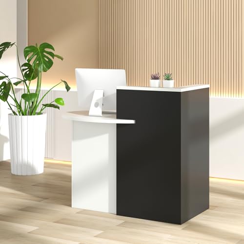 Giantex Reception Desk, Front Counter Desk with Lockable Drawer, Checkout Table with Round Tabletop, Corner Shelf & Adjustable Shelf for Office Beauty Salon Retail Store (Black & White)