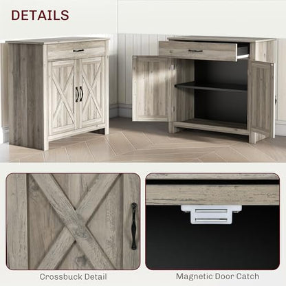 HOMCOM Farmhouse Sideboard Buffet Cabinet, Barn Door Style Kitchen Cabinet, 32" Accent Cabinet for Kitchen, Living Room or Entryway, Gray Wash - WoodArtSupply