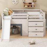 Quarte Full Size Kids Low Loft Bed with Slide,Three Storage Drawers and Two Doors,Solid Wood & MDF Construction, No Box Spring Needed Quarte