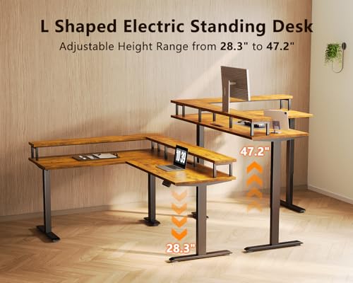 AODK Electric L Shaped Standing Desk, 59 Inch Height Adjustable Stand Up Desk with Power Outlets ＆ Full Monitor Stand, Reversible Corner Desk for Home Office ＆ Computer Workstation, Rustic Brown AODK