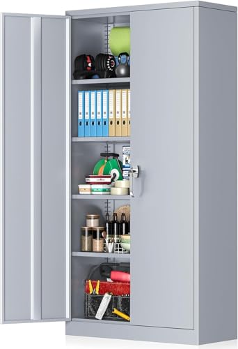 SUNCROWN Metal Storage Cabinet, 72" Locking Steel Garage Cabinets With 2 Door and 4 Adjustable Shelves, Tall Tool Cabinet for Home Office, School, Dark Grey SUNCROWN