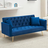 71" Modern Velvet Sofa Bed Futon, Convertible Sleeper Couch with Adjustable Backrest, Tufted Recliner Loveseat with Golden Chrome Legs & 2 Pillows for Small Spaces, Living Room, Apartment (Blue) Generic