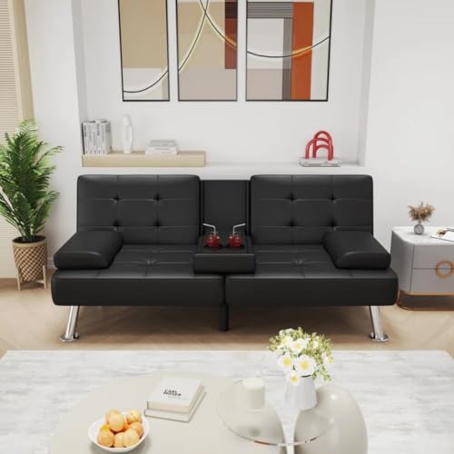 GUNJI Multi-Functional Faux Leather Futon Sofa Bed with Removable Armrests and Adjustable Sleeper Function, Double Cup Holder Design, Suitable for Living Room GUNJI