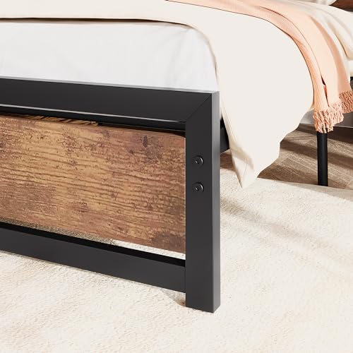 Industrial Rustic King Size Bed Frame with Wooden Headboard, No Box Spring Needed, Easy Assembly - WoodArtSupply