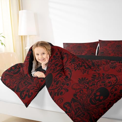 Feelyou Adults Gothic Skull Bedding Set Queen Size Kids Damask Print Comforter Goth Bohemian Duvet Breathable Soft Lightweight Microfiber Black Red Room Decor with 2 Pillowcases Feelyou