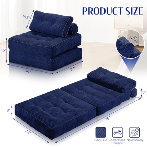 HABUTWAY Folding Sofa Bed, Convertible Sleeper Chair Bed w/Dual-Pillow & Handle, Foldable Floor Sofa Lounge w/Back Support for Living Room, Bedroom, Apartment, Office, Single, Navy Blue HABUTWAY