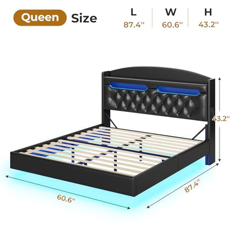 BTHFST Floating Bed Frame Queen Size with Charging Station, Headboard with Secret Storage Cubby, RGB Floating Bed, No Box Spring Needed, PU Black BTHFST