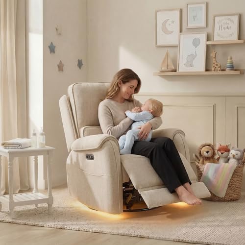 Watson & Whitely Power Recliner Chair W 3-Level LED Night Light, Swivel Glider Nursery Rocking Chair W Lumbar Pillow for Living Room, Oeko-TEX & FSC Certified, Fabric Sand