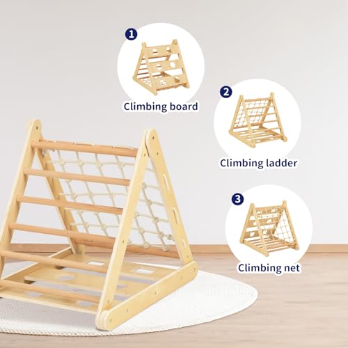 OOOK 3 in 1 Climbing Toy for Toddlers, 3-Side Kids Climbing Triangle Ladder, Climbing Net & Board, Wooden Montessori Climbing Toys for Toddlers Daycare, Gym & Playground, Gift for Boys Girls