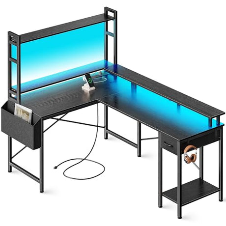 Huuger L Shaped Gaming Desk with LED Lights, Power Outlets & Storage Shelves, Black Huuger