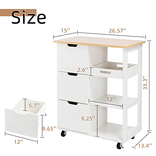 Shintenchi Kitchen Island Cart with Storage,Rolling Kitchen Island Storage Cabinet,Side Table on Wheels with Worktop,3 Open Shelves and 3 Drawers for Kitchen,Dinning Room, White