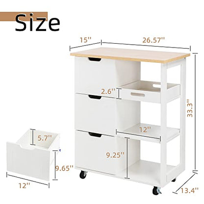 Shintenchi Kitchen Island Cart with Storage,Rolling Kitchen Island Storage Cabinet,Side Table on Wheels with Worktop,3 Open Shelves and 3 Drawers for Kitchen,Dinning Room, White