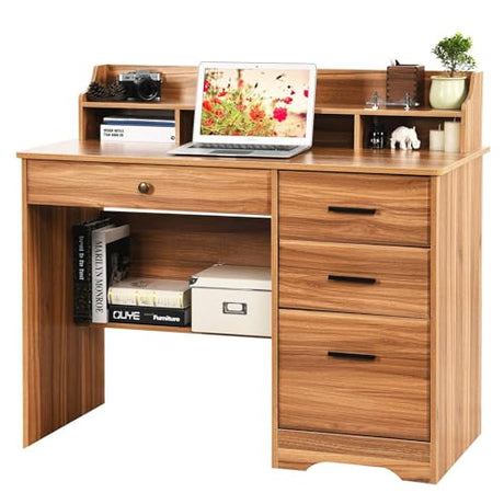 Catrimown Computer Desk with 4 Drawers and Hutch, Home Office Desk with File Drawer, 44” Rustic Oak Wood Desk, Study Table for Bedroom, Rustic Oak Catrimown