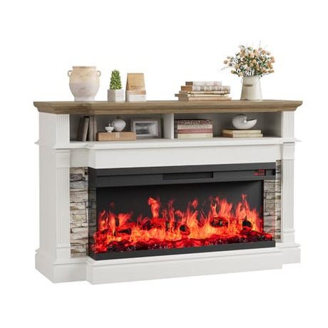 QUW Fireplace TV Stand for TVs up to 65", Farmhouse 52" Fireplace Entertainment Center with 36" 3-Side Glass Electric Fireplace, TV Console with Open Storage Shelves for Living Room, Antique White QUW