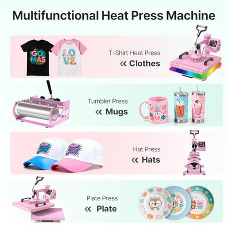 Slendor Heat Press 15x15 Inch 5 in 1 Heat Press Machine with 30OZ Tumbler 360-Degree Swing Away Digital Multifunction Heat Transfer Sublimation Combo for T Shirts Mugs Hat Plate Cap, Pink Slendor