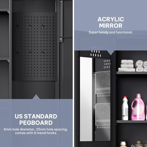 YITAHOME 71" Metal Garage Broom Cabinets with Adjustable Shelves, Vacuum Storage Cabinet with Doors and Drawer, Tool Storage Cabinet for Gym, Basement, Warehouse, Black, Metal YITAHOME