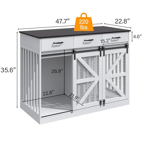 kepptory 48 Inch Large Dog Crate Furniture with 3 Storage Drawers, Wooden Pet Kennel with Removable Divider, Dog Kennel End Table TV Stand, Farmhouse Style Dog Crates with Sliding Barn Door (White) kepptory